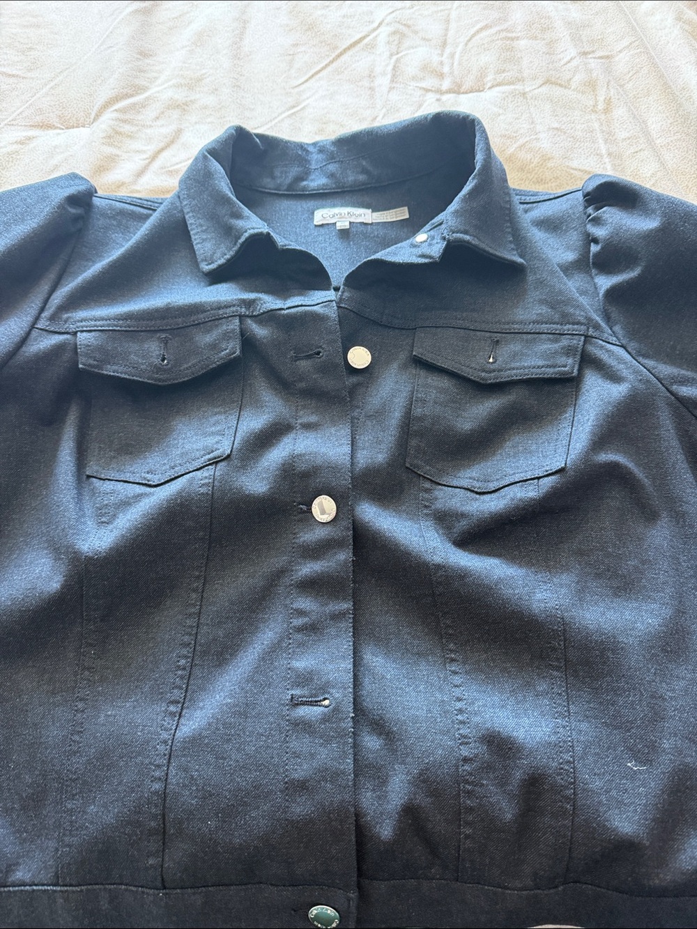 Calvin Klein Women's Dark Denim Jacket with Puff Shoulders